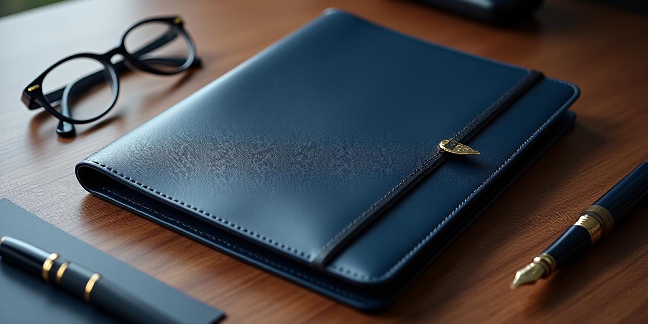 Een close-up van een luxe lederen dossier en een vulpen op een houten bureau, symboliserend de veilige bewaring van klantgegevens.